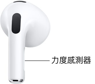 AirPods 3 上的力度感測器位置，在每個 AirPods 的耳機柄上。