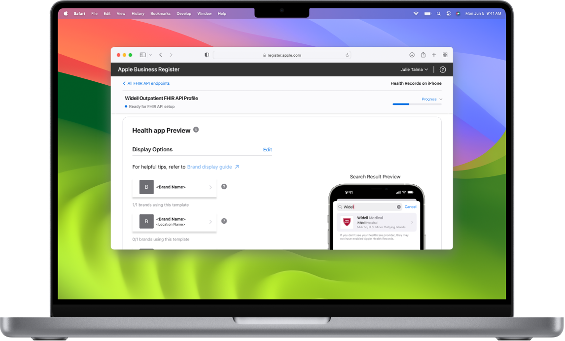 A web browser window showing the Health Records registration website. The title in the top left reads “Widell Outpatient FHIR API Profile.” Listed in a column on the left are display options that show a logo with brand name only and the brand name above the location name. At the right, an image of the top portion of an iPhone is labeled “Search Result Preview.” The iPhone shows the phrase “Widell Medical” in the search field, and below it appears a logo and the name “Widell Medical.”