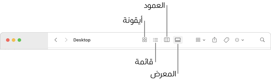 شريط الأدوات لفايندر يُظهر أزرار خيارات العرض لمجلد.