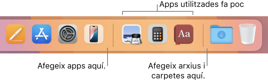 Una part del Dock que mostra les línies separadores entre les apps, les apps utilitzades recentment, i els arxius i carpetes.