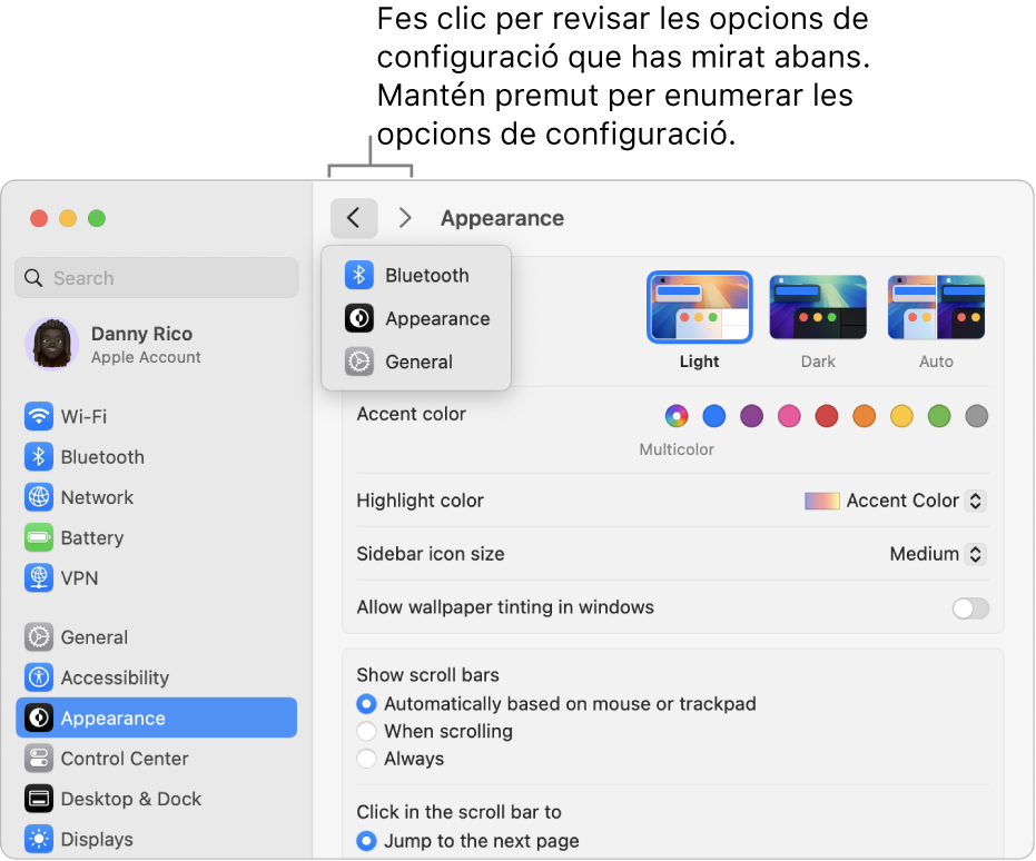 Finestra de la configuració del sistema que mostra opcions consultades recentment a sota del botó “Enrere”.