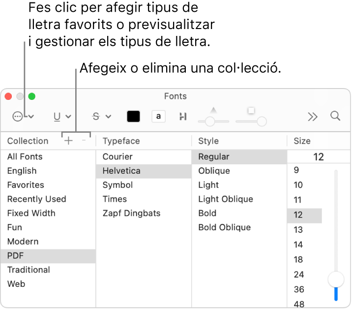 A la finestra “Tipus de lletra” pots afegir o eliminar col·leccions ràpidament, canviar el color de la lletra o fer accions com previsualitzar o gestionar els tipus de lletra o afegir-los als Favorits.