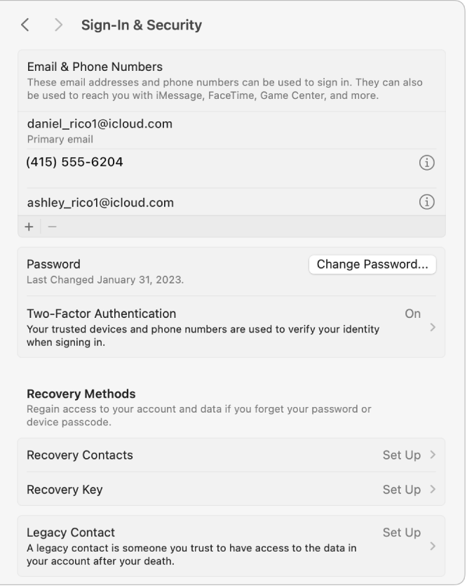 Apple Account-Einstellungen mit den Einstellungen für „Anmeldung & Sicherheit“ für einen bestehenden Account.