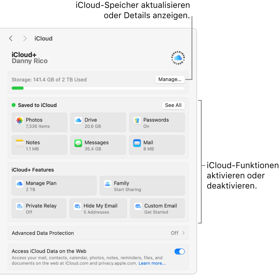 Systemeinstellung „iCloud“, bei der alle Funktionen aktiviert sind