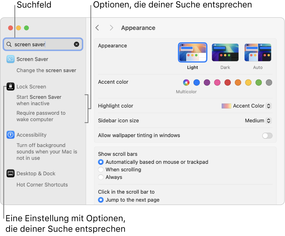 Das Fenster Systemeinstellungen zeigt „Bildschirmschoner“ im Suchfeld und eine Liste der passenden Suchergebnisse unterhalb des Suchfelds.