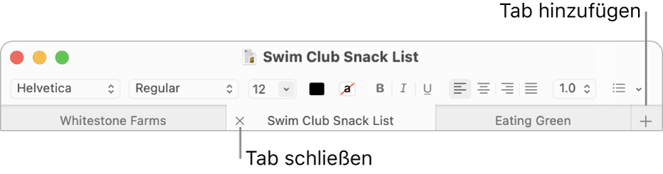 TextEdit-Fenster mit drei Tabs in der Tableiste (unter der Format-Leiste) In einem Tab wird die Taste „Schließen“ angezeigt. Die Taste „Hinzufügen“ befindet sich am rechten Ende der Tableiste.