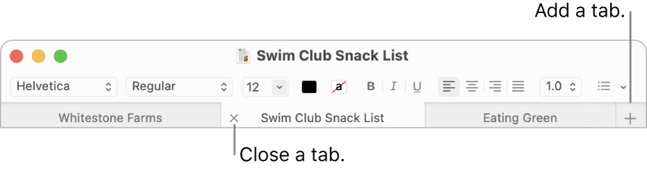 A TextEdit window with three tabs in the tab bar, located below the formatting bar. One tab shows the Close button. The Add button is located at the right end of the tab bar.