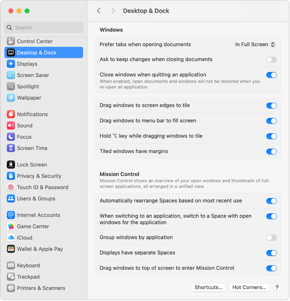 The Windows section of Desktop & Dock settings.