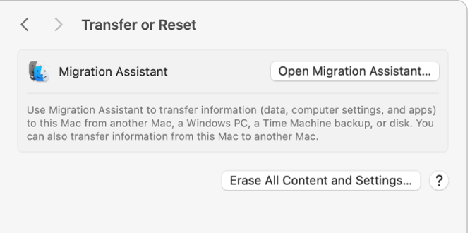 Transfer or Reset settings showing the Open Migration Assistant button and the Erase All Content and Settings button.