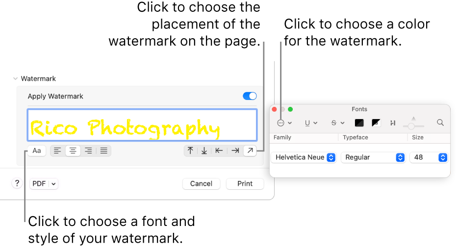 The Watermark print options showing the Apply Watermark, Location, and Watermark Label options.