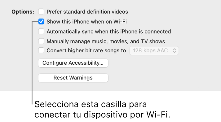 Las opciones de sincronización para administrar manualmente los elementos de contenido.