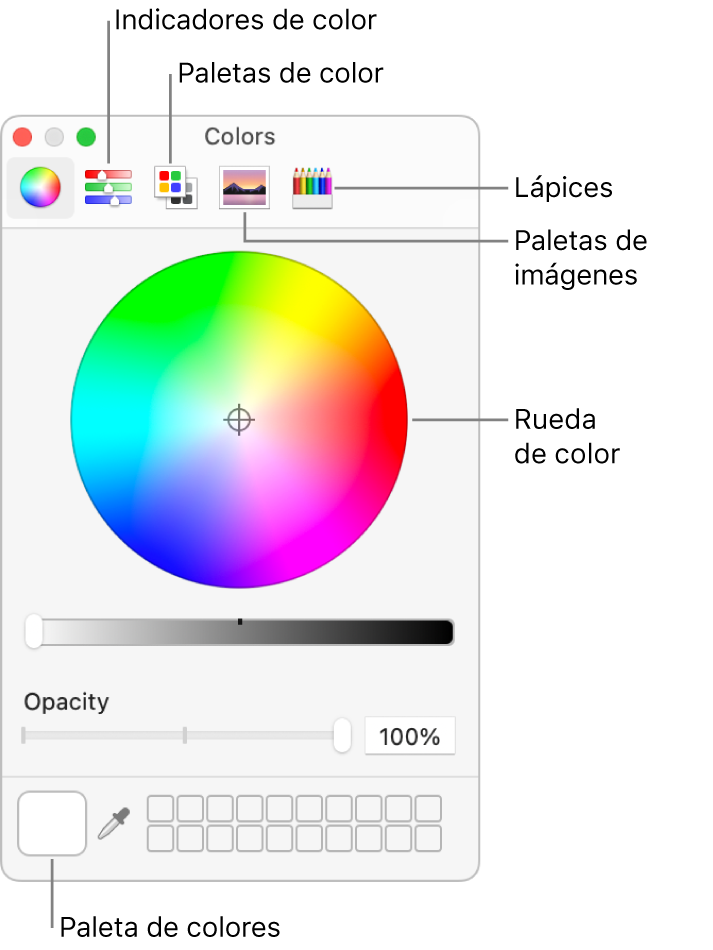 La ventana de colores. En la parte superior de la ventana está la barra de herramientas, que tiene botones para reguladores de color, paletas de colores, paletas de imágenes y lápices. En la parte central de la ventana está la rueda de color. La paleta de colores está en la parte inferior izquierda.