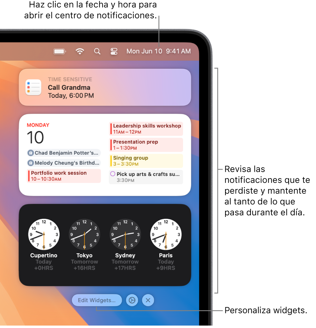 Notificaciones y widgets en el centro de notificaciones.