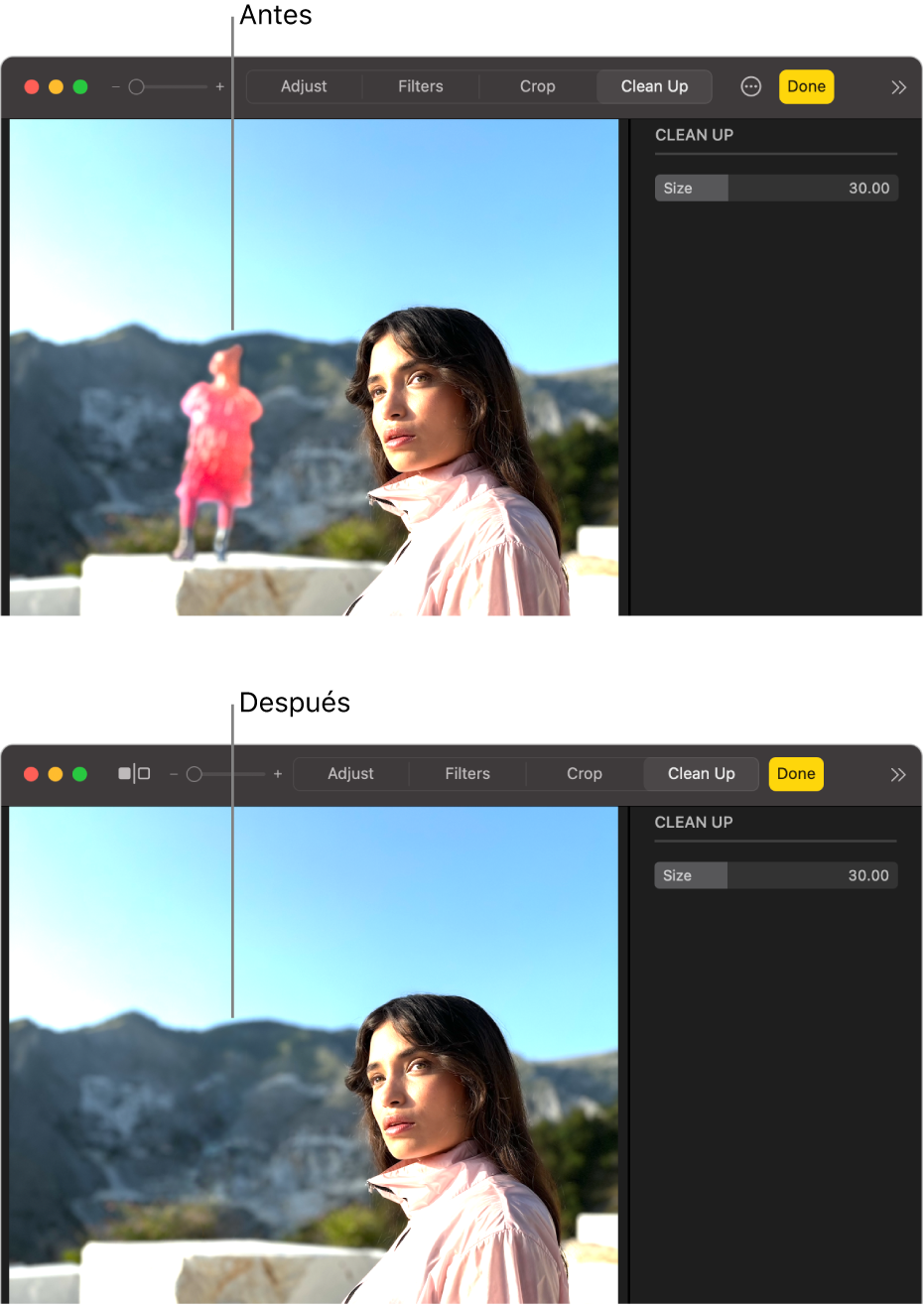 Una foto muestra a una persona en el fondo y la misma foto sin esa persona después de usar la herramienta Limpiar.