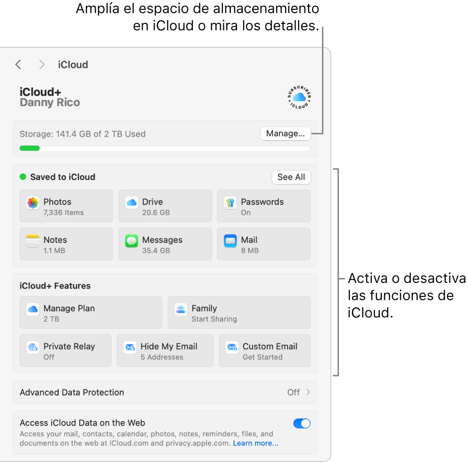 Ajustes de iCloud con todas las funciones activadas.