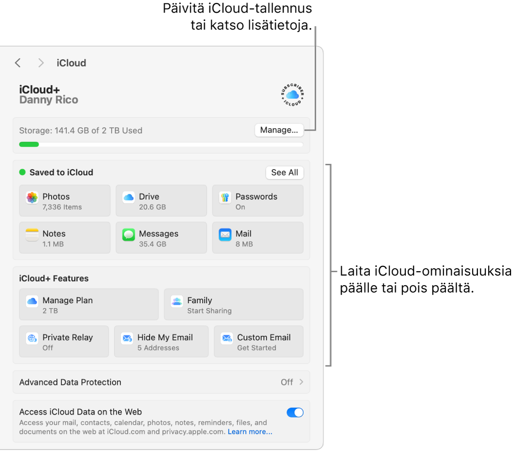 iCloud-asetukset, joissa kaikki ominaisuudet ovat päällä.