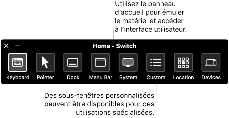 La sous-fenêtre d’accueil du Contrôle de sélection fournit des boutons pour contrôler, de gauche à droite, le clavier, le pointeur, le Dock, la barre des menus, les commandes système, les sous-fenêtres personnalisées, l’emplacement de l’écran et d’autres appareils.