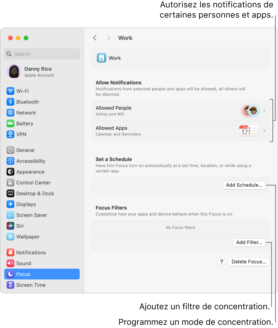 Réglages de concentration affichant les réglages du mode de concentration Travail. En haut se trouve la liste des personnes et des apps dont les notifications sont autorisées lorsque le mode de concentration « Travail » est actif.