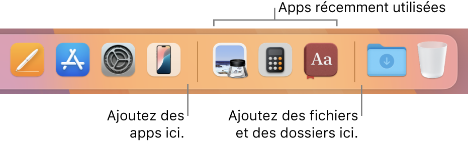 L’extrémité droite du Dock qui affiche les lignes séparatrices avant et après la section des apps récemment utilisées.