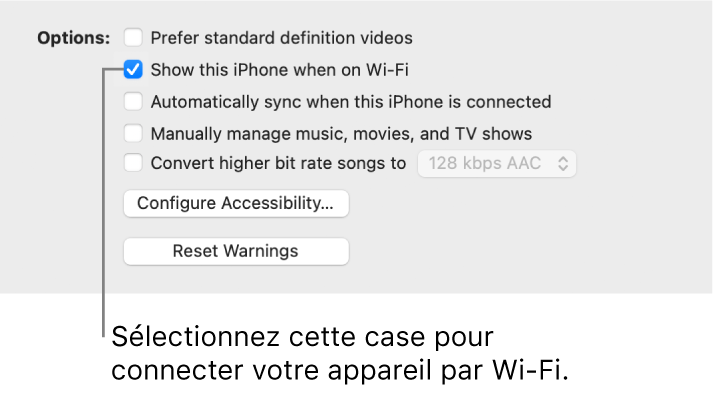 Les options de synchronisation pour la gestion manuelle des éléments de contenu.