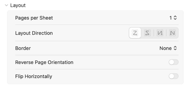 Les options d’impression Mise en page affichent en bas les options Bordure, Inverser l’orientation de la page et Retourner horizontalement.