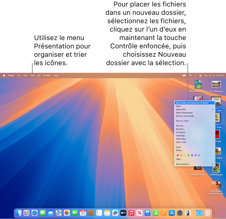 Un bureau avec des fichiers et des dossiers. Plusieurs fichiers ont été sélectionnés afin de les placer dans un nouveau dossier. Un menu local s’affiche après avoir cliqué sur un fichier sélectionné tout en maintenant la touche Contrôle enfoncée, et l’option « Nouveau dossier avec la sélection » est sélectionnée.