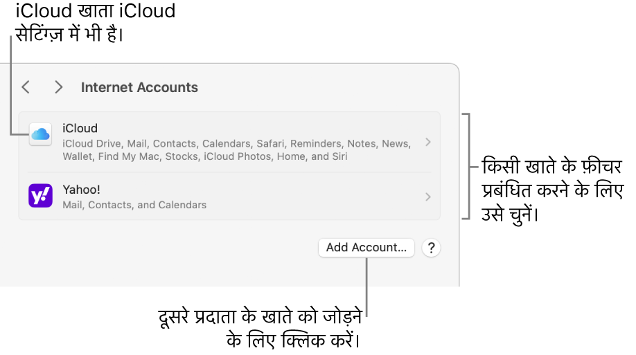 उन खातों के साथ इंटरनेट खाता सेटिंग्ज़ जो सूचीबद्ध Mac पर सेटअप किए गए हैं।
