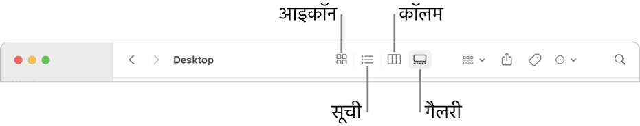 किसी फ़ोल्डर के लिए दृश्य विकल्प बटन दिखाने वाला Finder टूलबार।