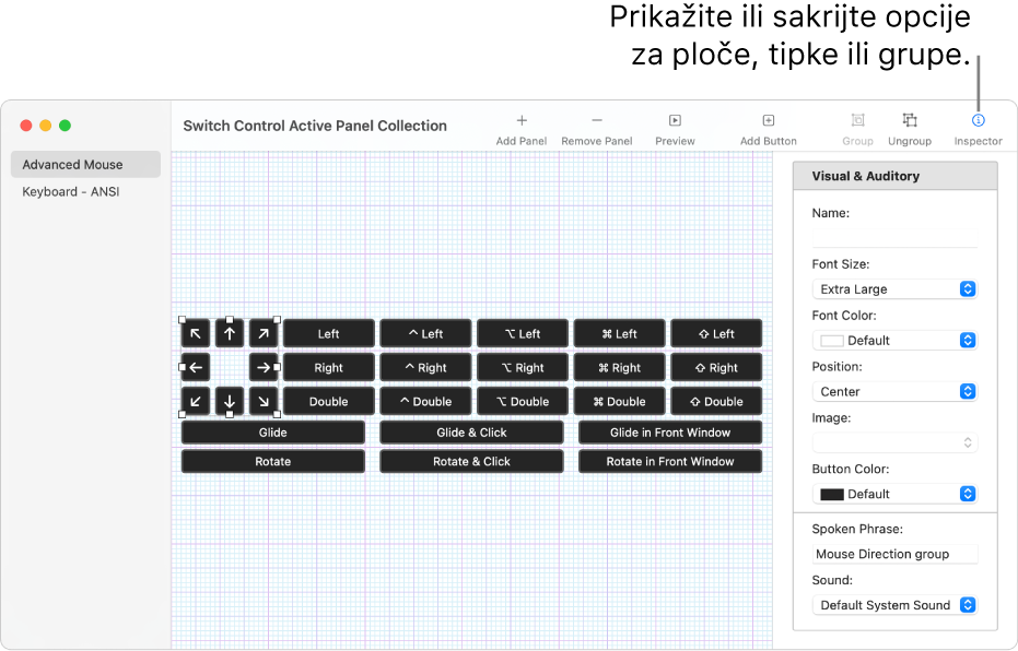 Prozor Skup aktivnih prozora koji prikazuje tipku Inspektor na desnoj strani alatne trake, za podešavanje opcija za prozore, tipke i grupe.