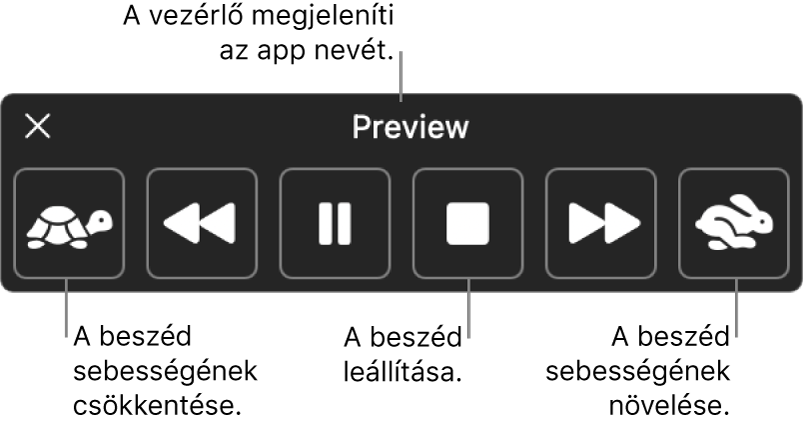 A képernyőn megjelenített vezérlő, amely megjeleníthető, amikor a Mac felolvassa a kijelölt szöveget. A vezérlőn hat gomb látható, amelyekkel a következőket végezheti el balról jobbra haladva: beszédsebesség csökkentése, ugrás vissza egy mondattal, felolvasás indítása vagy szüneteltetése, felolvasás leállítása, ugrás előre egy mondattal és a beszédsebesség növelése. Az app neve a vezérlő tetején látható.