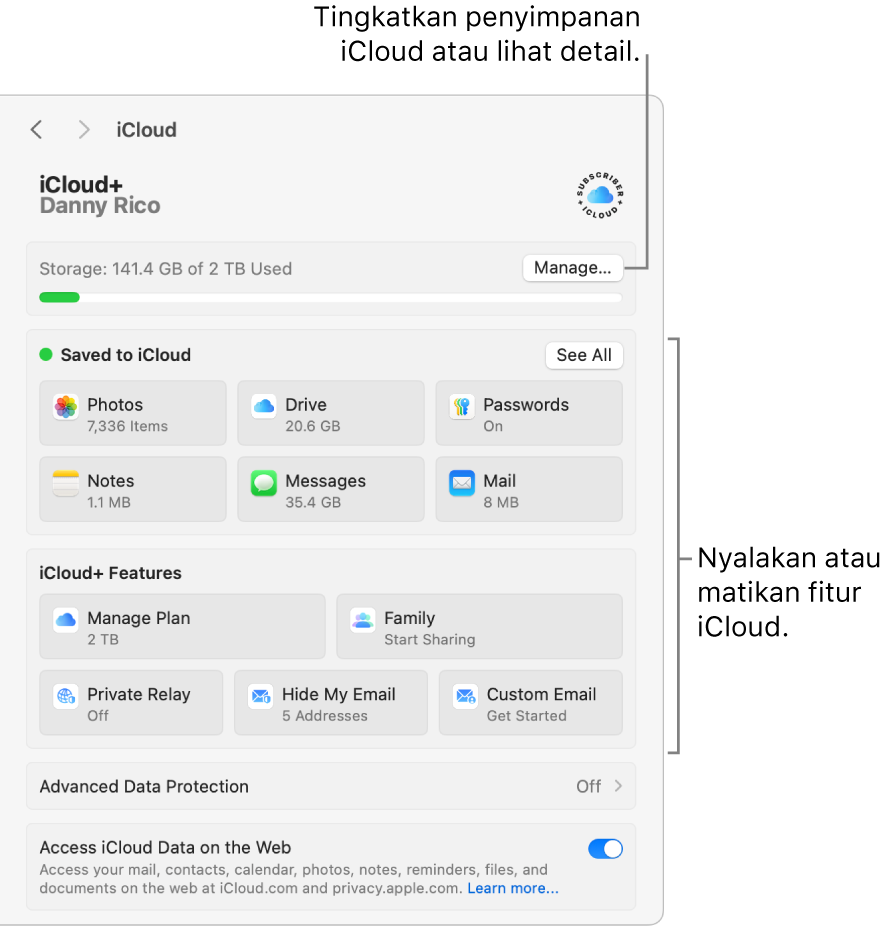 Pengaturan iCloud dengan semua fitur yang dinyalakan.