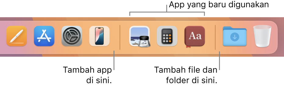 Sebagian Dock menampilkan garis pemisah antara app, app yang baru digunakan, dan file serta folder.