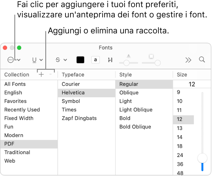 Con la finestra Font, aggiungi o elimina rapidamente le raccolte, cambia il colore dei font o esegui azioni quali l’anteprima o la gestione dei font o l’aggiunta ai preferiti.