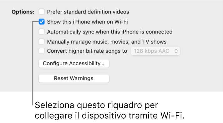 Le opzioni di sincronizzazione per la gestione manuale dei contenuti.