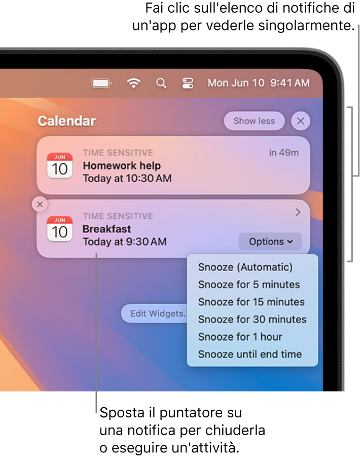 Notifiche di app nell’angolo in alto a destra del desktop, inclusa una pila aperta di due notifiche di Promemoria con un pulsante “Mostra meno” per contrarre la pila e una notifica di Calendario con un pulsante Ritarda.