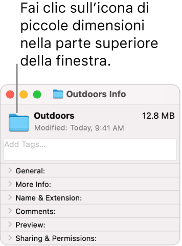 Finestra Informazioni per una cartella, che mostra l’icona generica per la cartella selezionata.