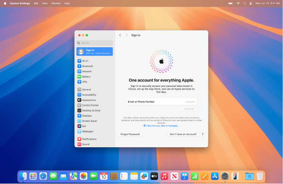 Macデスクトップ。「システム設定」が開いていて、Apple Accountサインイン設定が表示されています。