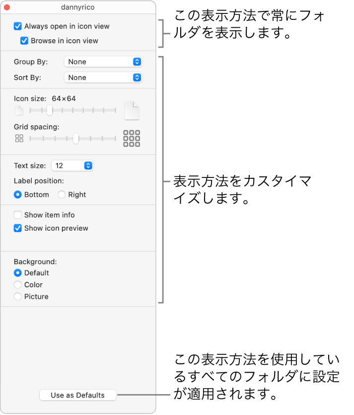 フォルダのアイコン表示のオプション。