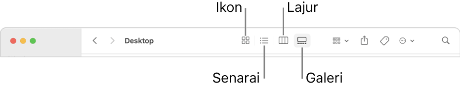 Bahagian atas tetingkap Finder menunjukkan butang pilihan Lihat untuk folder.