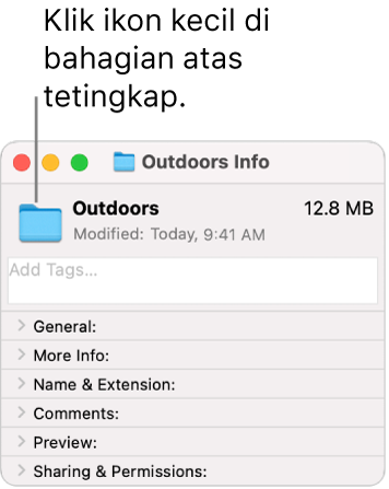 Tetingkap Info untuk folder, menunjukkan ikon generik untuk folder yang dipilih.