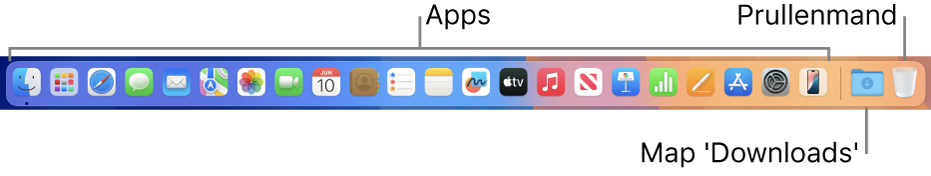 Het Dock met symbolen voor apps, de stapel 'Downloads' en de prullenmand.