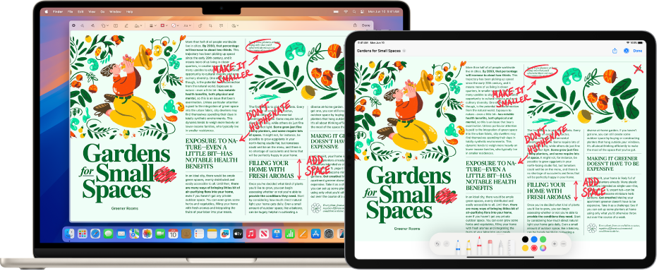 Een MacBook Air en een iPad naast elkaar. Op beide schermen wordt een artikel weergegeven met rode markeringen zoals doorgestreepte zinnen, pijlen en toegevoegde woorden. Onder in het scherm van de iPad bevinden zich ook markeringsregelaars.