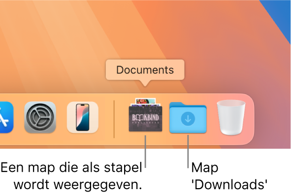 Een map rechts in het Dock wordt als stapel weergegeven en de map 'Downloads' wordt als map weergegeven.