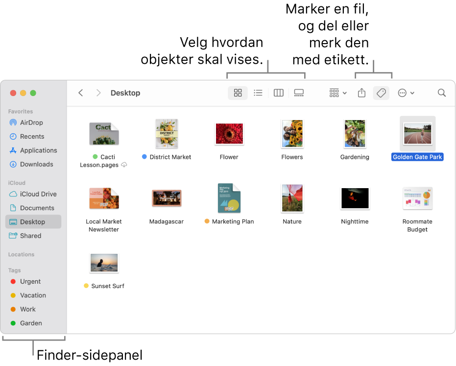 Et Finder-vindu med Finder-sidepanelet til venstre. Øverst i vinduet er det fire knapper som endrer hvordan objektene vises i vinduet, og ekstra knapper for å organisere og dele objekter.