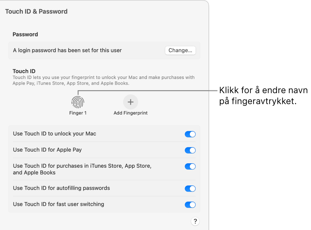 Touch ID og passord-innstillingene, som viser at et fingeravtrykk er klart og kan brukes til å låse opp Macen.