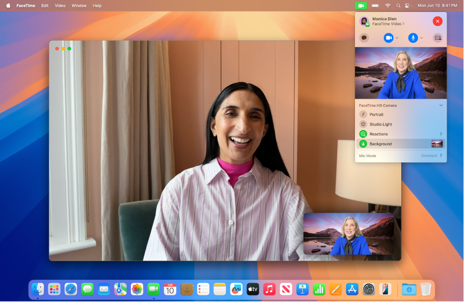 Et Mac-skrivebord som viser en FaceTime-samtale der en person har endret bakgrunnen sin til et landskapsbilde.