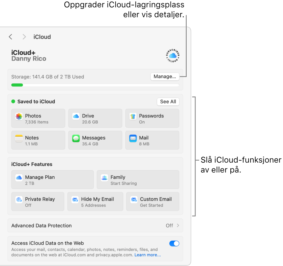 iCloud-innstillinger med alle funksjonene slått på.