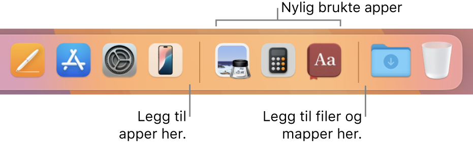 En del av Dock som viser skillelinjene mellom apper, nylig brukte apper og filer og mapper.