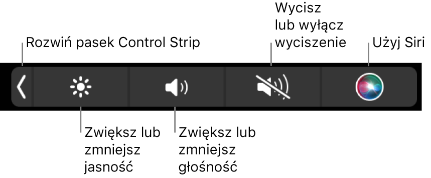 Zwinięty Control Strip zawiera przyciski (od lewej do prawej) pozwalające rozwijać Control Strip, zwiększać lub zmniejszać jasność ekranu i głośność, wyciszać lub włączać dźwięk, a także używać Siri.