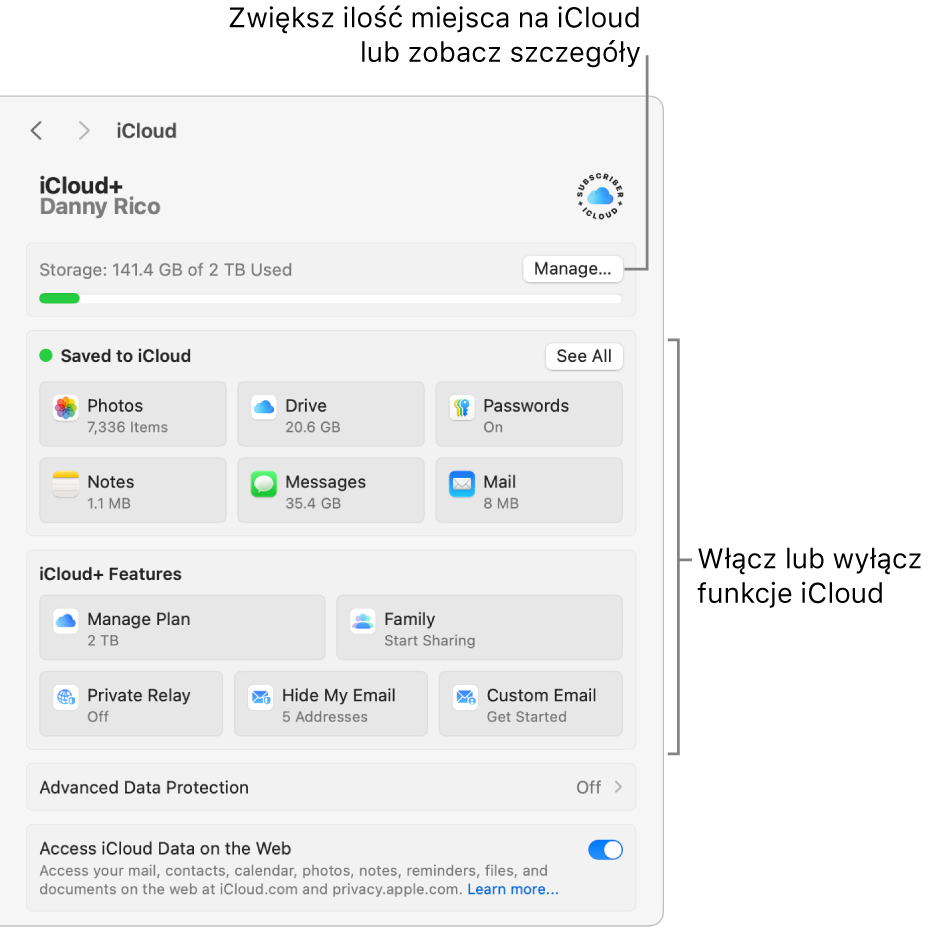 Ustawienia iCloud z włączonymi wszystkimi funkcjami.